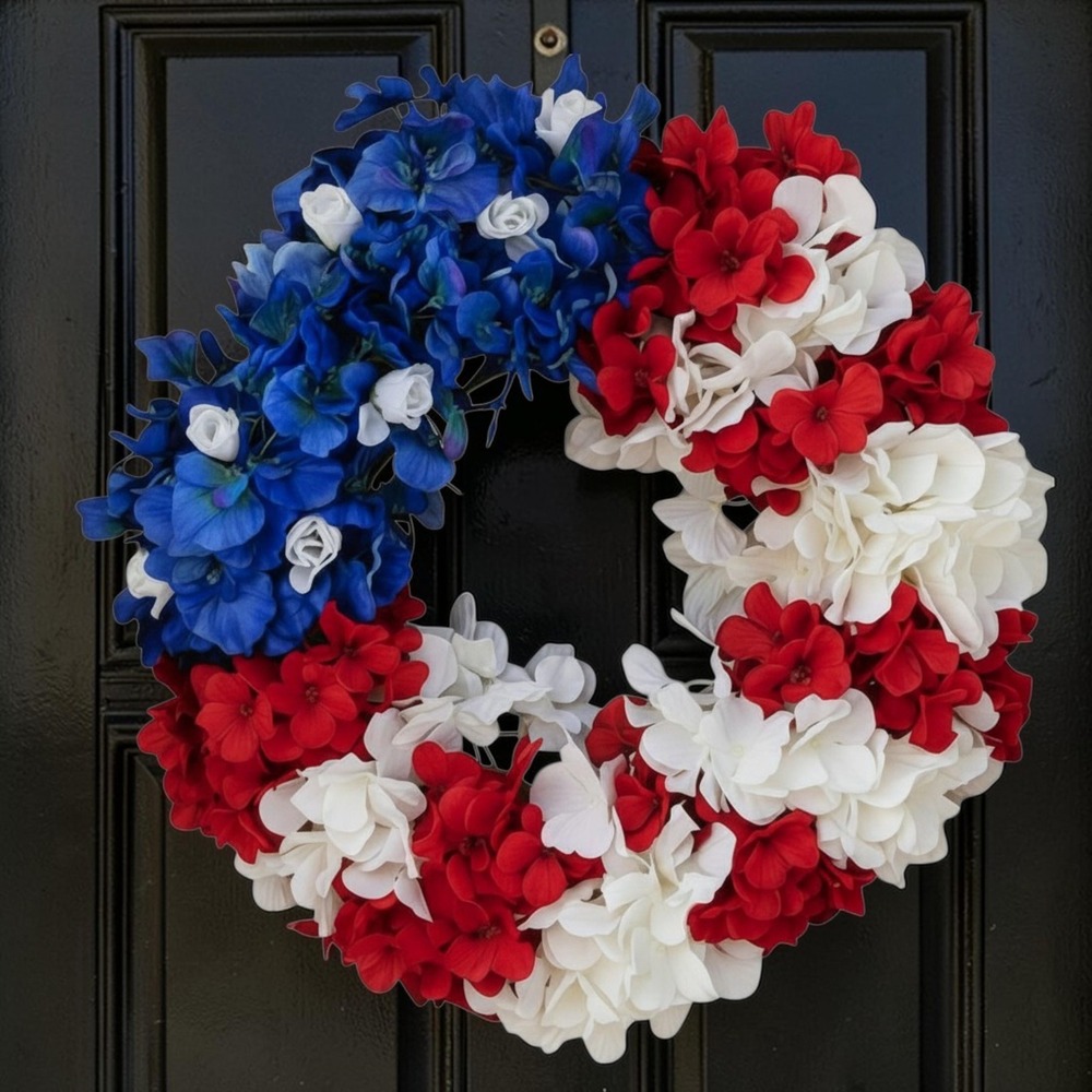 USA Flag Patriotic Wreath Memorial Day 4th of July Red White Blue Floral